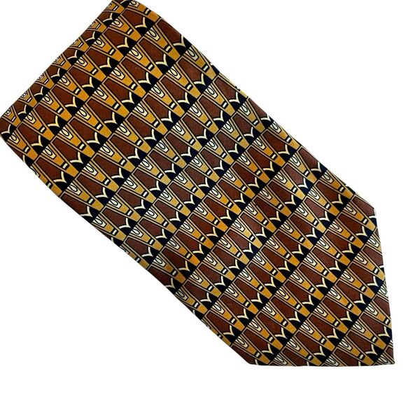 Vintage BURBERRYS OF LONDON Tie 100% Silk Necktie Gold Brown Geometric USA - Picture 1 of 6